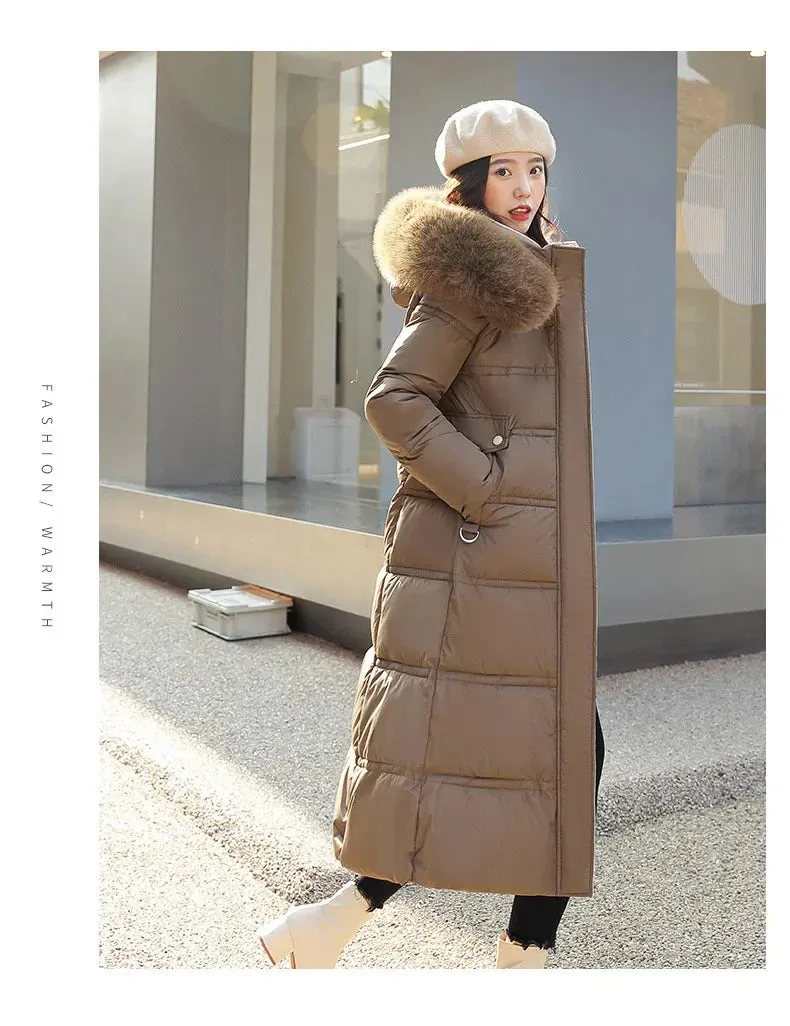 2022 Winter New Down Cotton Parkas Jacket Women's X-Long Faux Fur Collar Padded Jacket Thick Loose Large Size Padded Jacket