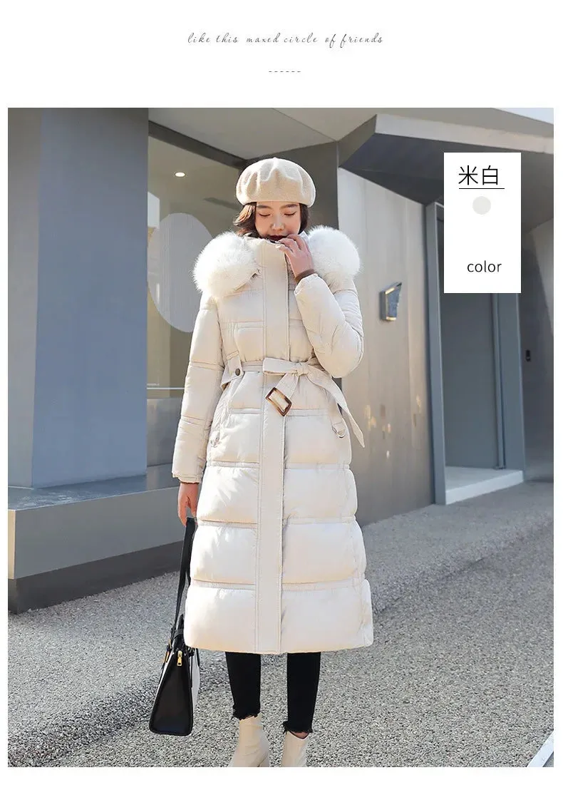 2022 Winter New Down Cotton Parkas Jacket Women's X-Long Faux Fur Collar Padded Jacket Thick Loose Large Size Padded Jacket