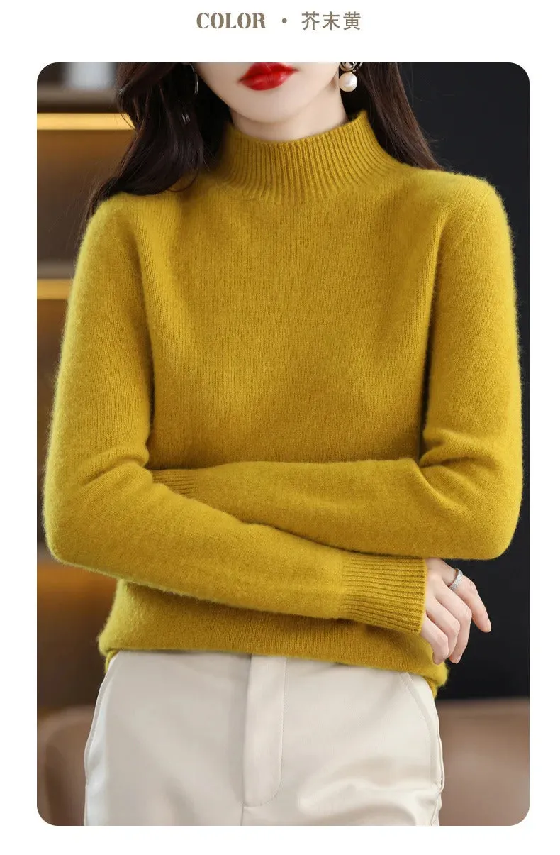 Autumn Winter Women Sweater Korean Fashion Warm Bottoming Shirts Half High Collar Basic Knitwear Solid Long Sleeve Pullovers