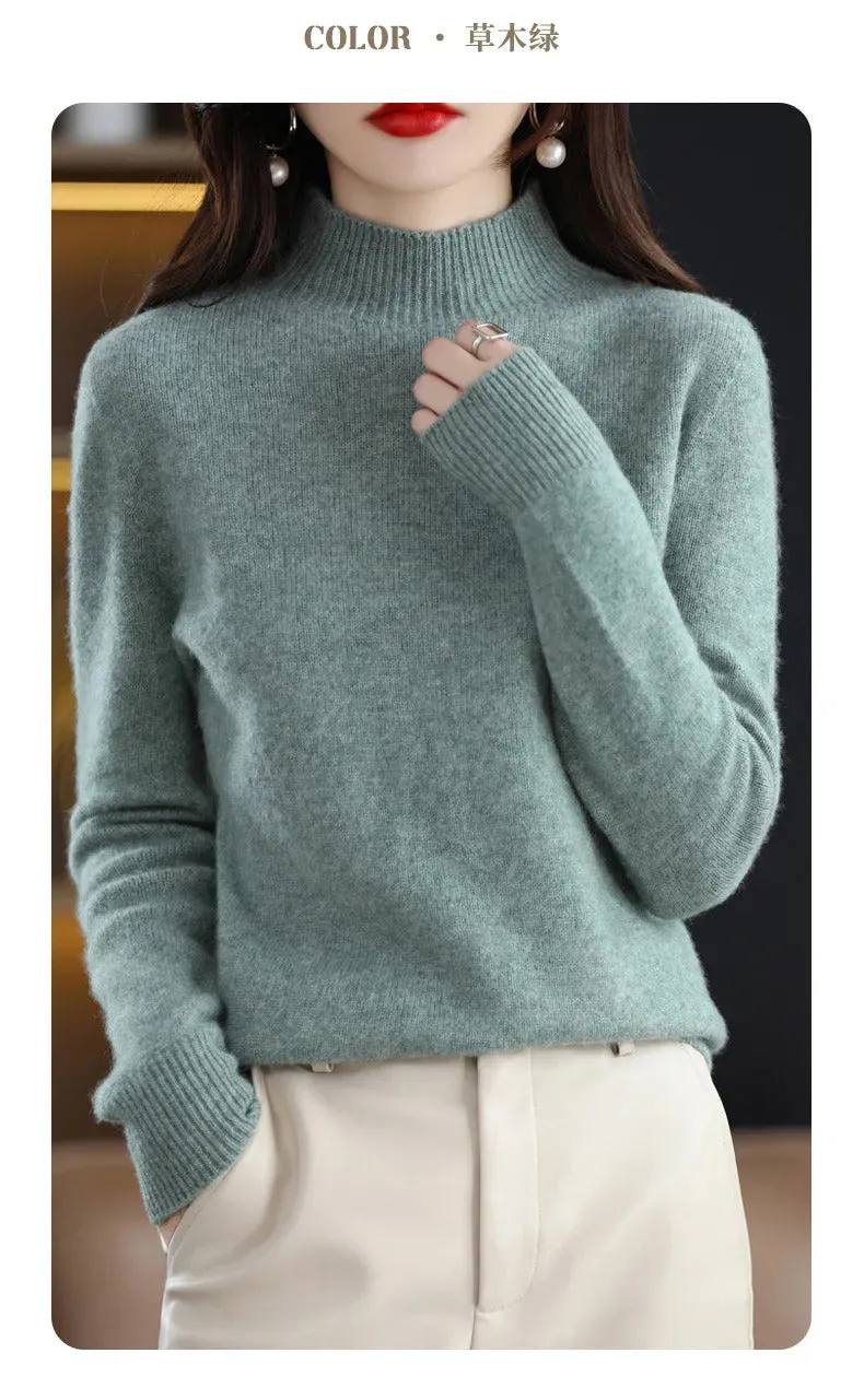 Autumn Winter Women Sweater Korean Fashion Warm Bottoming Shirts Half High Collar Basic Knitwear Solid Long Sleeve Pullovers