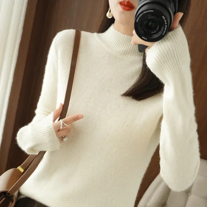 Autumn Winter Women Sweater Korean Fashion Warm Bottoming Shirts Half High Collar Basic Knitwear Solid Long Sleeve Pullovers