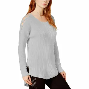 BAR III LADIES CRISS CROSS COLD SHOULDER SWEATER TUNIC. HEATHER GREY