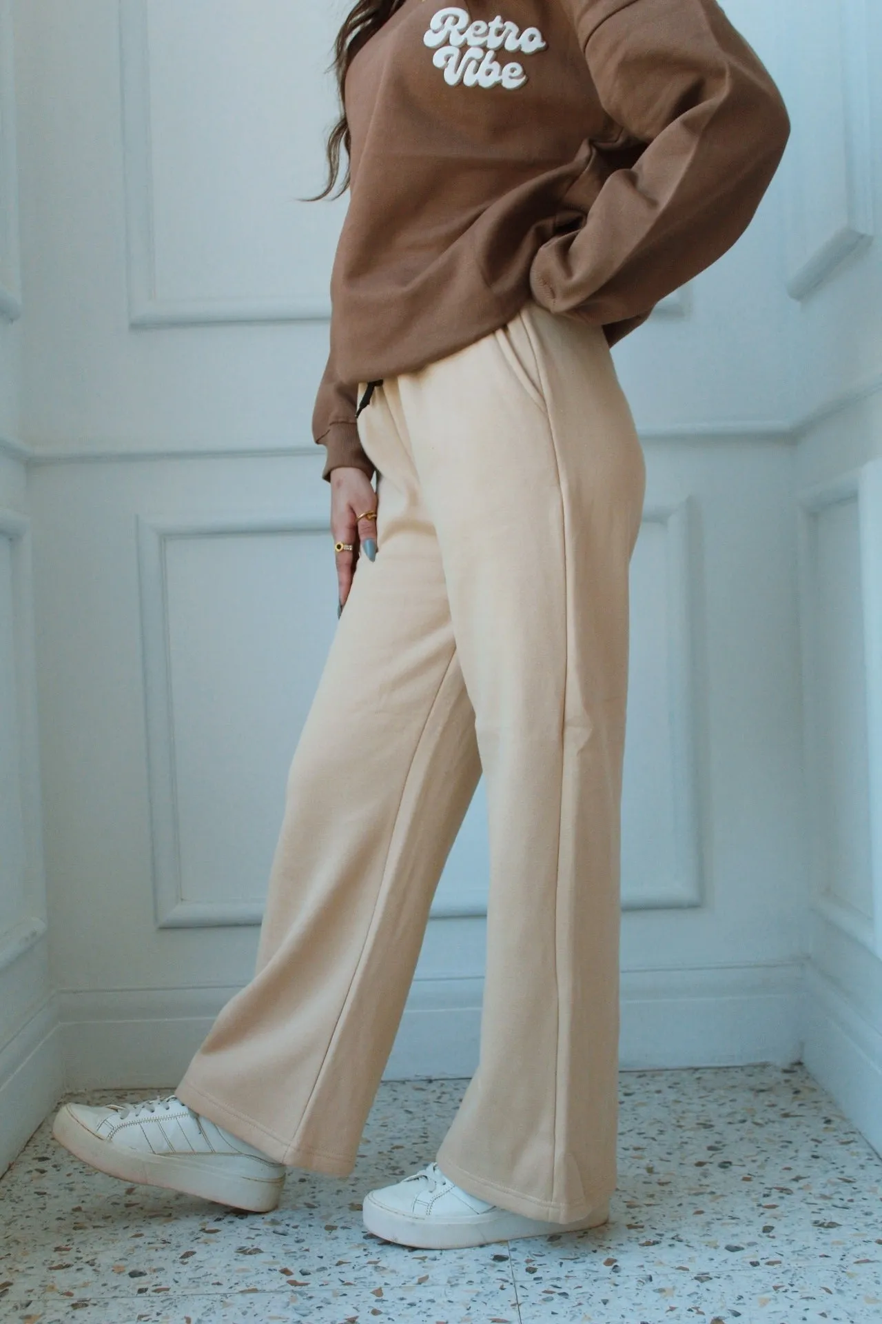 Beige Wide-Leg Fleece Trousers