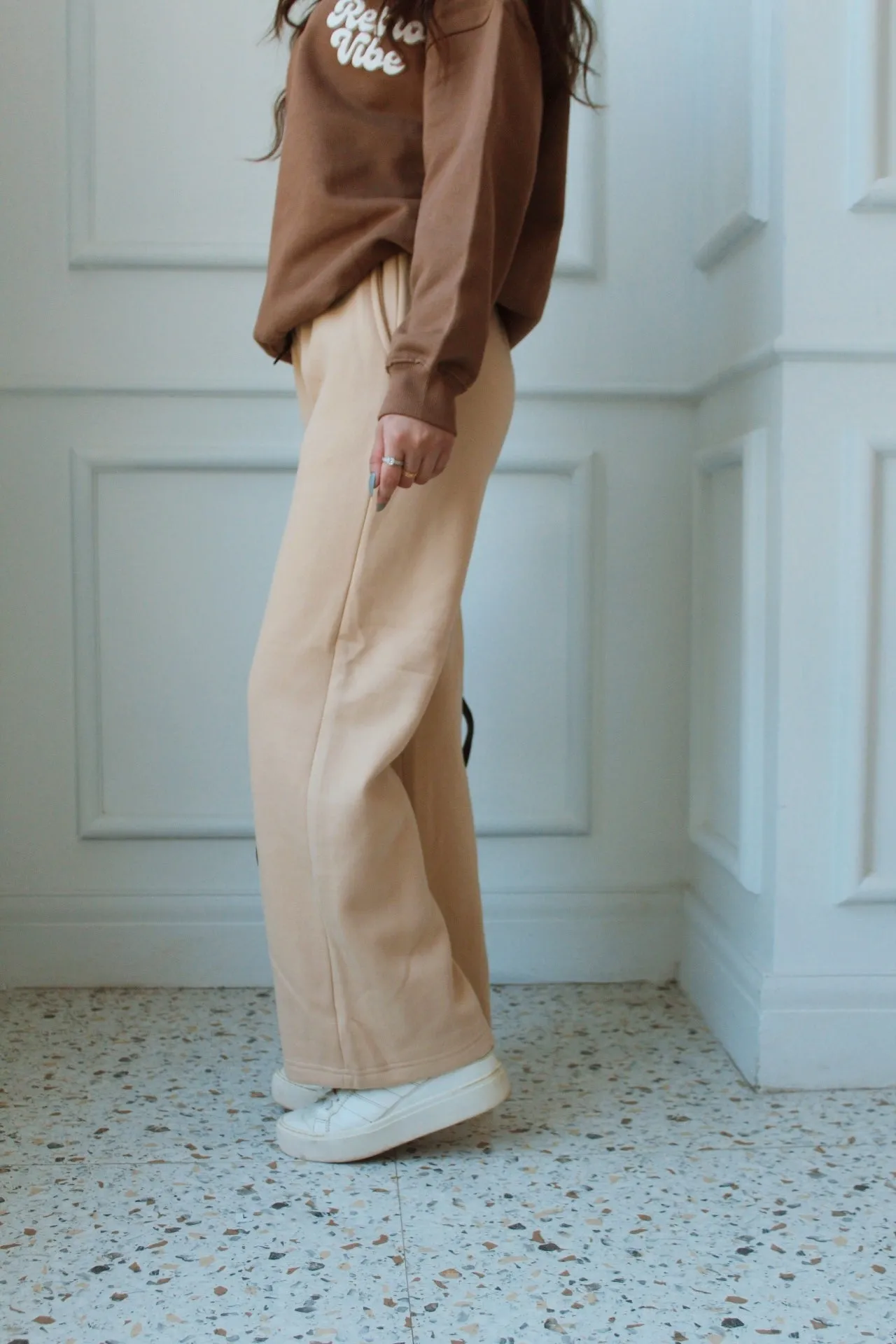 Beige Wide-Leg Fleece Trousers