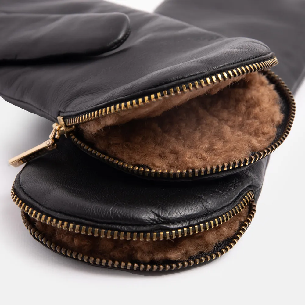 Black/Camel Fleece Lined Leather Zip Mittens