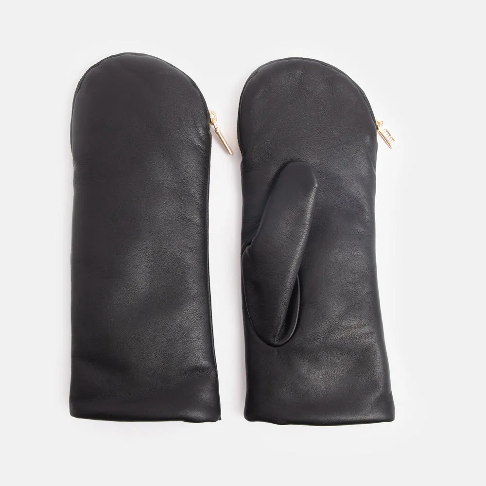 Black/Camel Fleece Lined Leather Zip Mittens