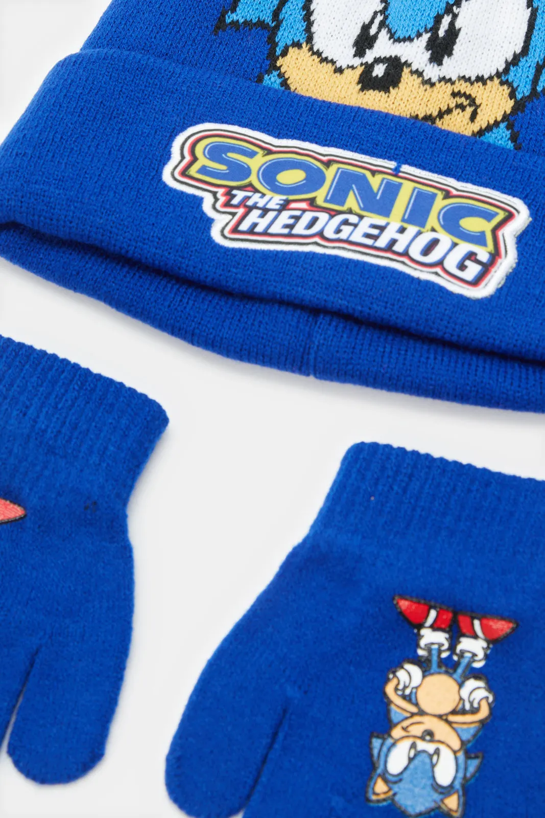 Boys Blue Sonic Knitted Knitted Cap Set (3 Piece)