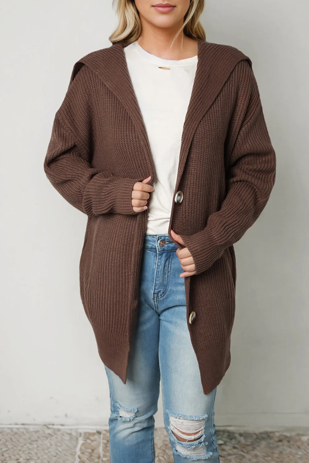 Brown Chunky Knit Lapel Collar Button up Cardigan