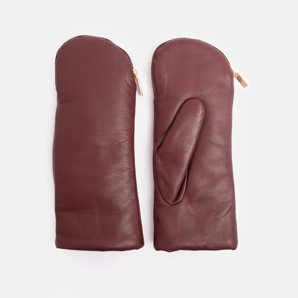 Burgundy Fleece Lined Leather Zip Mittens