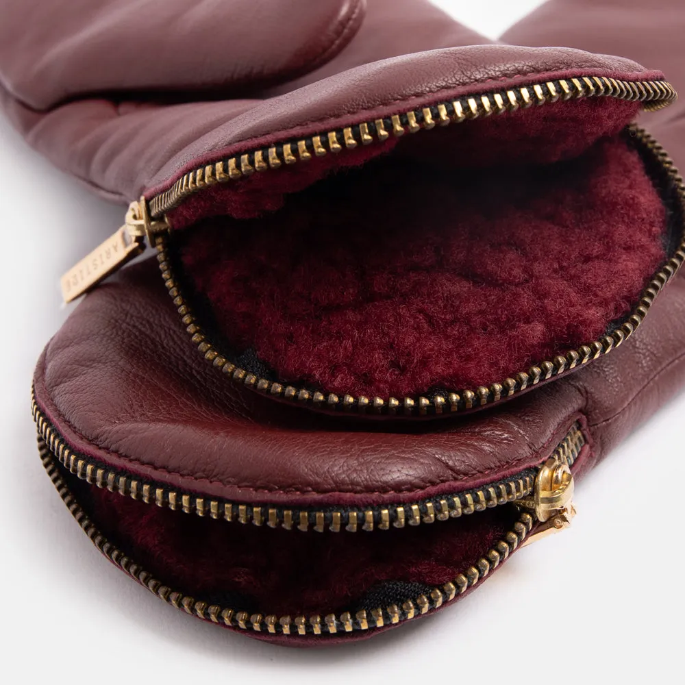 Burgundy Fleece Lined Leather Zip Mittens