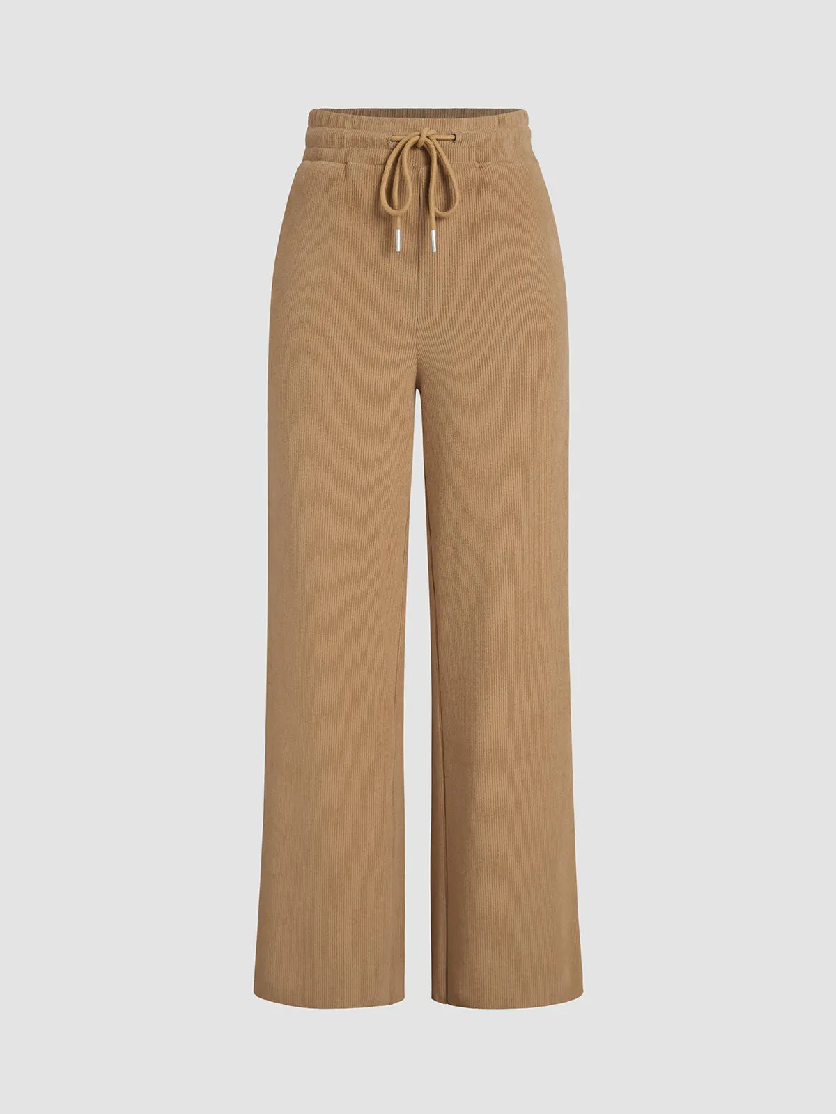 Camel Drawstring Ribbed Trendy Wide Leg Pants