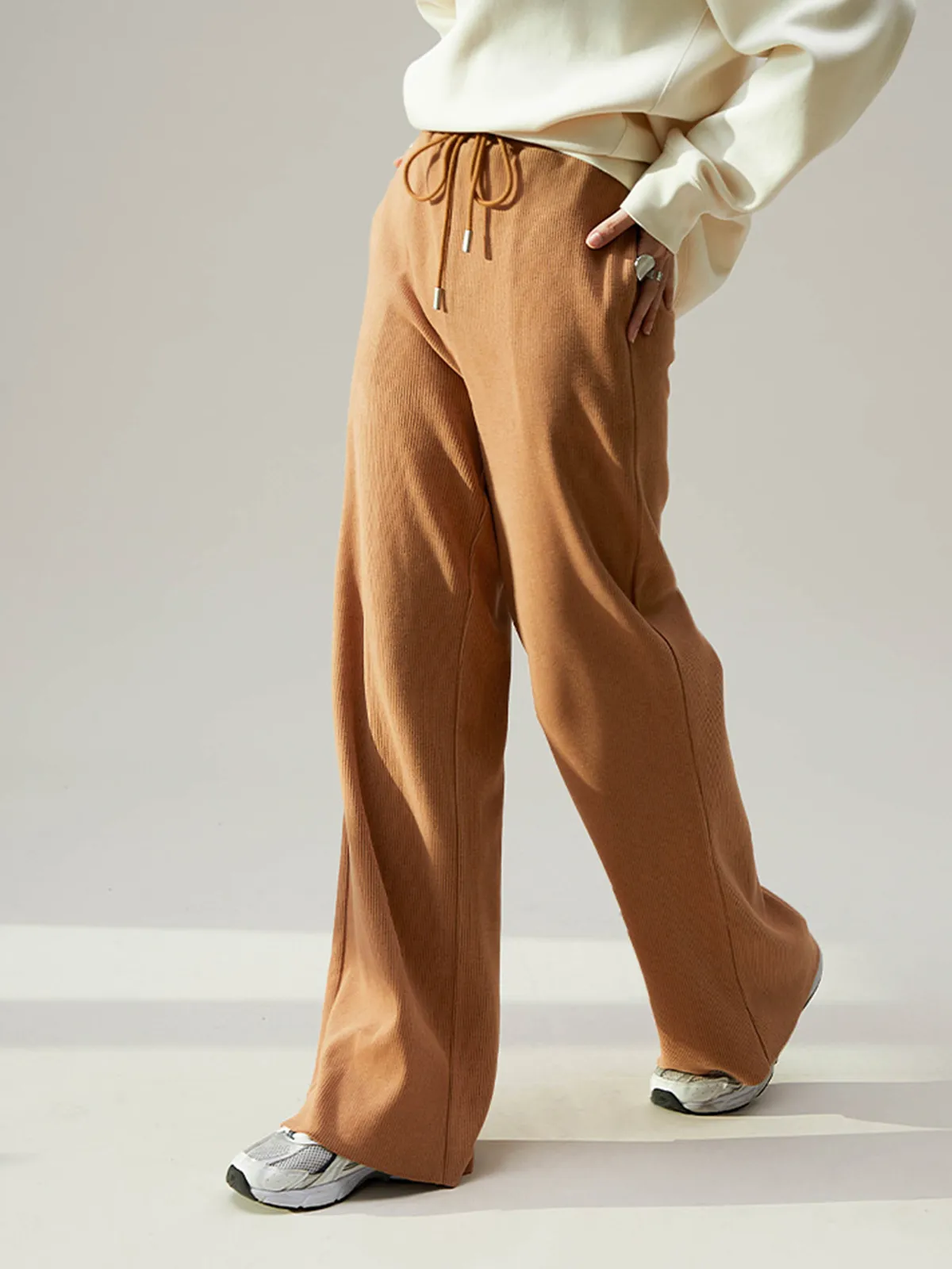 Camel Drawstring Ribbed Trendy Wide Leg Pants