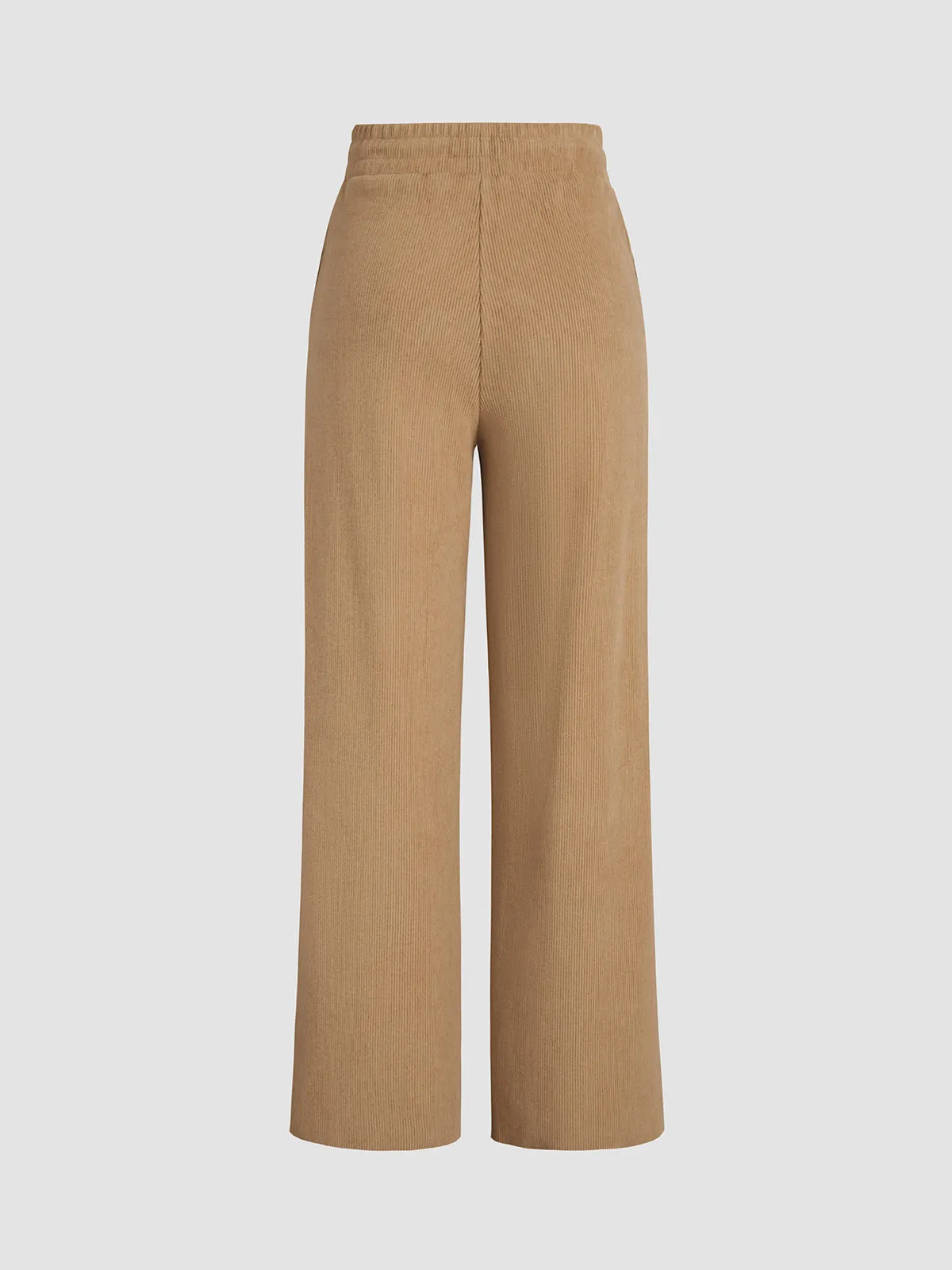 Camel Drawstring Ribbed Trendy Wide Leg Pants