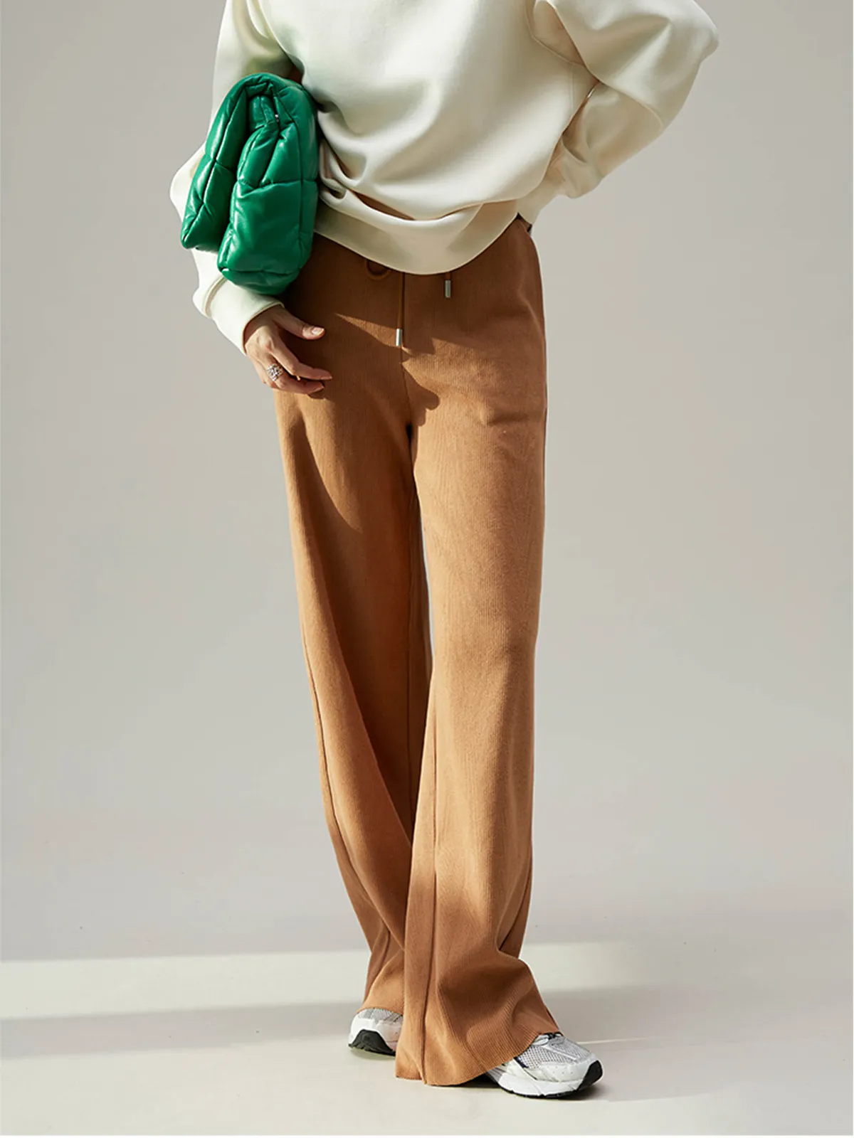 Camel Drawstring Ribbed Trendy Wide Leg Pants