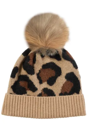 CHEETAH PRINT CASHMERE HAT WITH SHEARLING POM