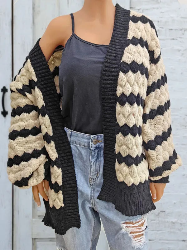 Chunky Geo Knit Cardigan Open-Front Sweater