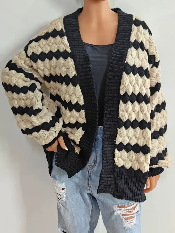 Chunky Geo Knit Cardigan Open-Front Sweater