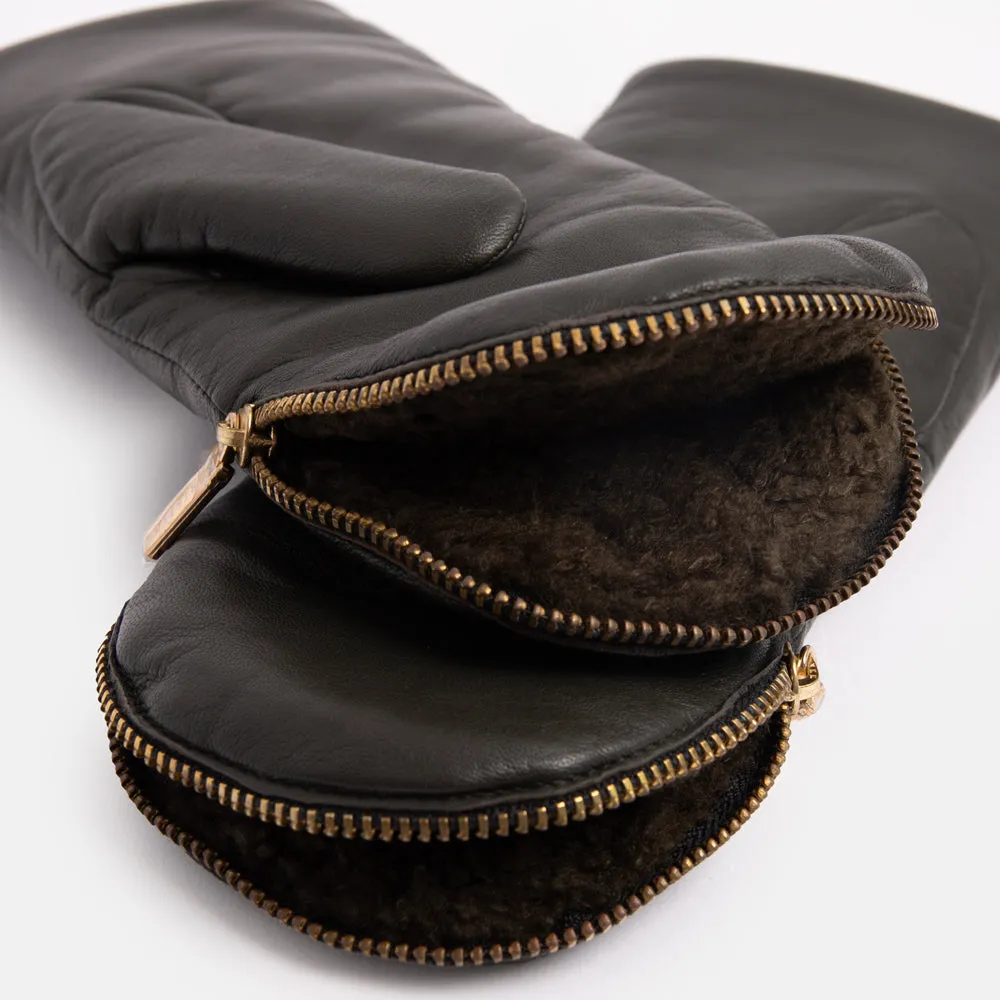 Dark Khaki Fleece Lined Leather Zip Mittens