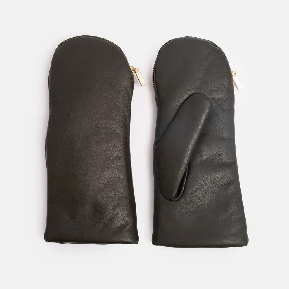 Dark Khaki Fleece Lined Leather Zip Mittens