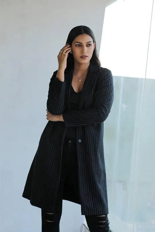 Esther Black Wool Pinstripe Overcoat