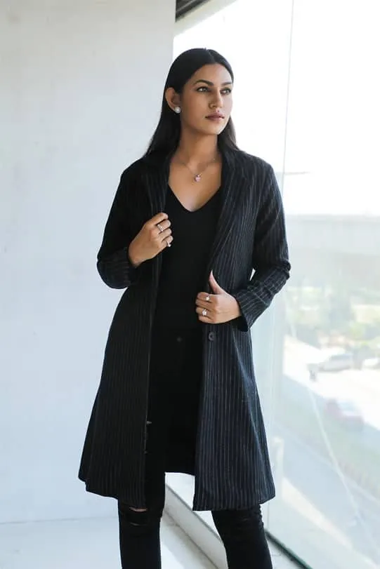 Esther Black Wool Pinstripe Overcoat