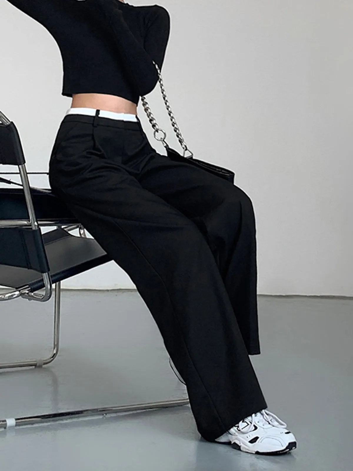 Full Length Contrast Trendy Trim Wide Leg Pants