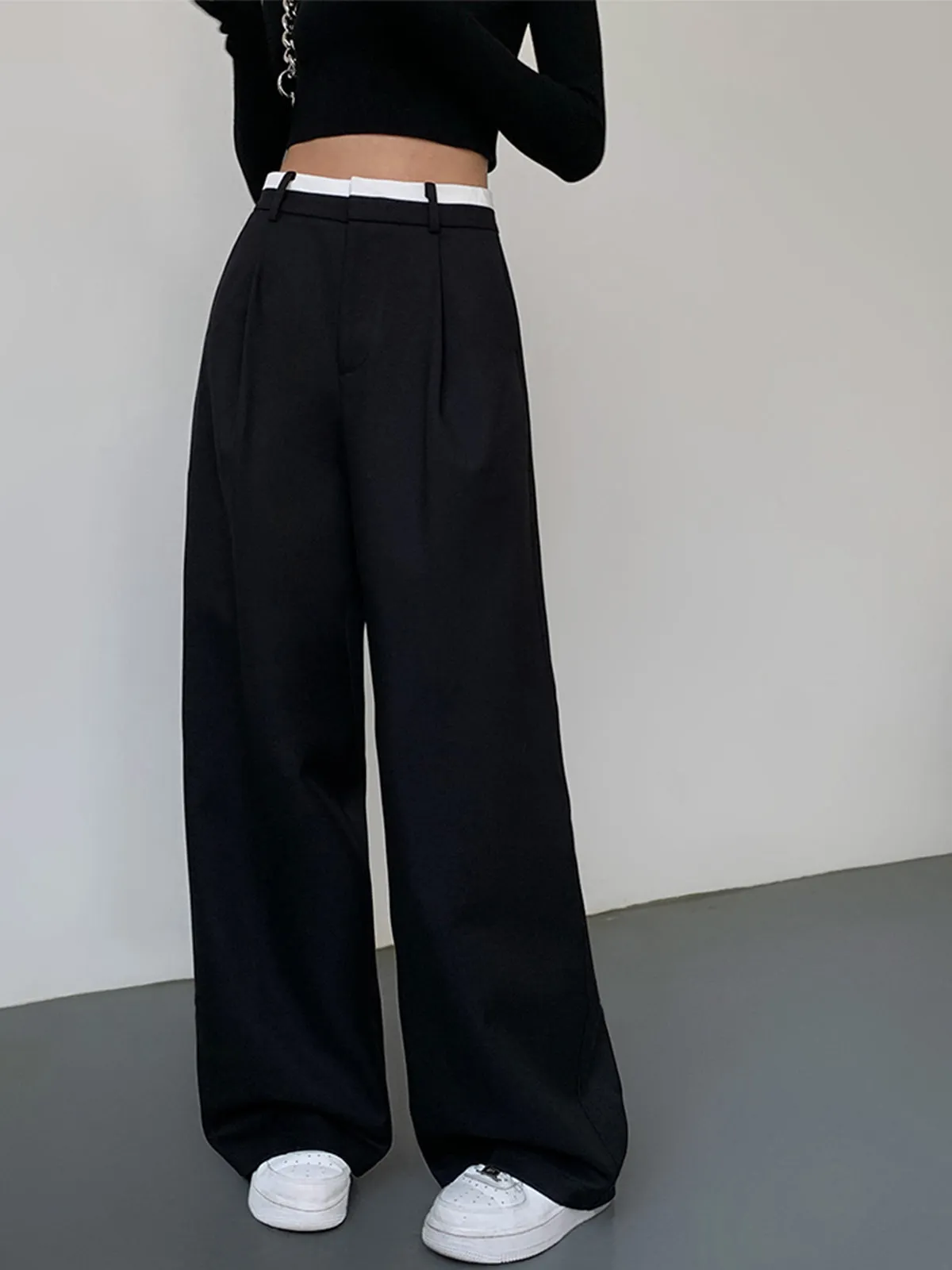 Full Length Contrast Trendy Trim Wide Leg Pants