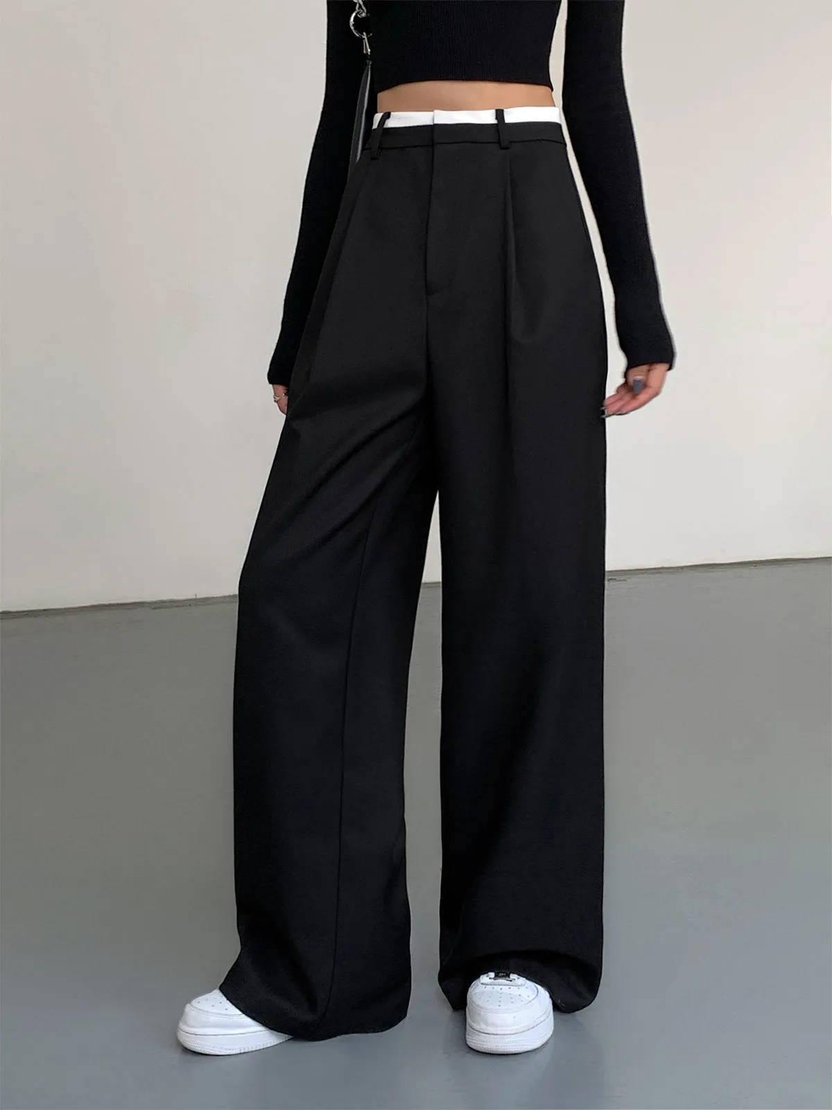 Full Length Contrast Trendy Trim Wide Leg Pants