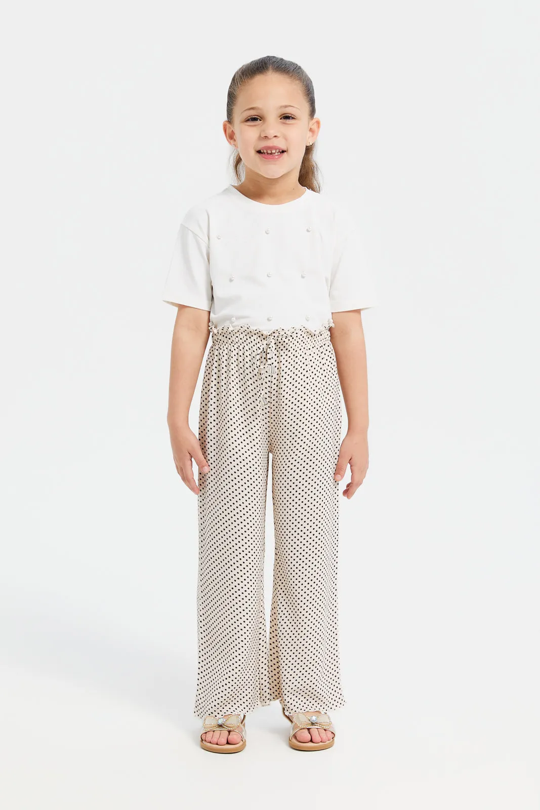 Girls Beige Polka Dot Trousers