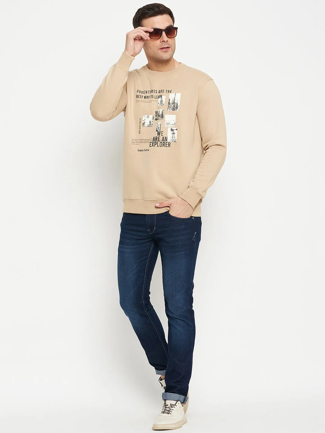 Graphic Print Brown Full Sleeves Round Neck Regular Fit Casual Sweatshirt for Men