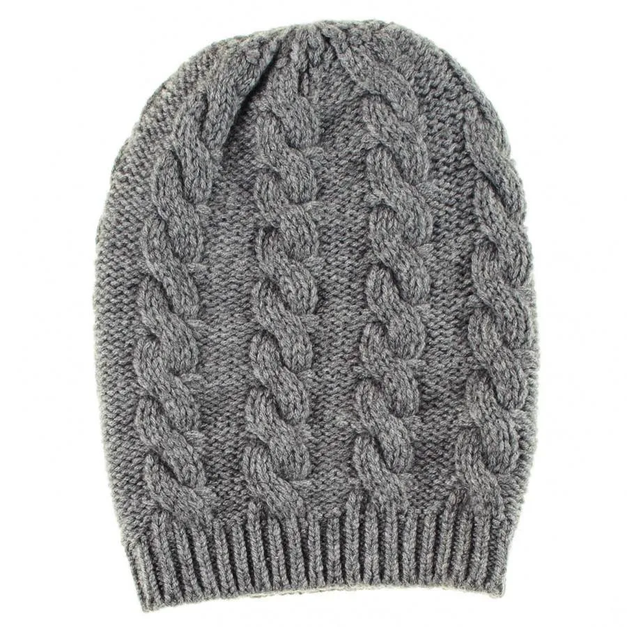 Grey Cable Knit Cashmere Slouch Beanie