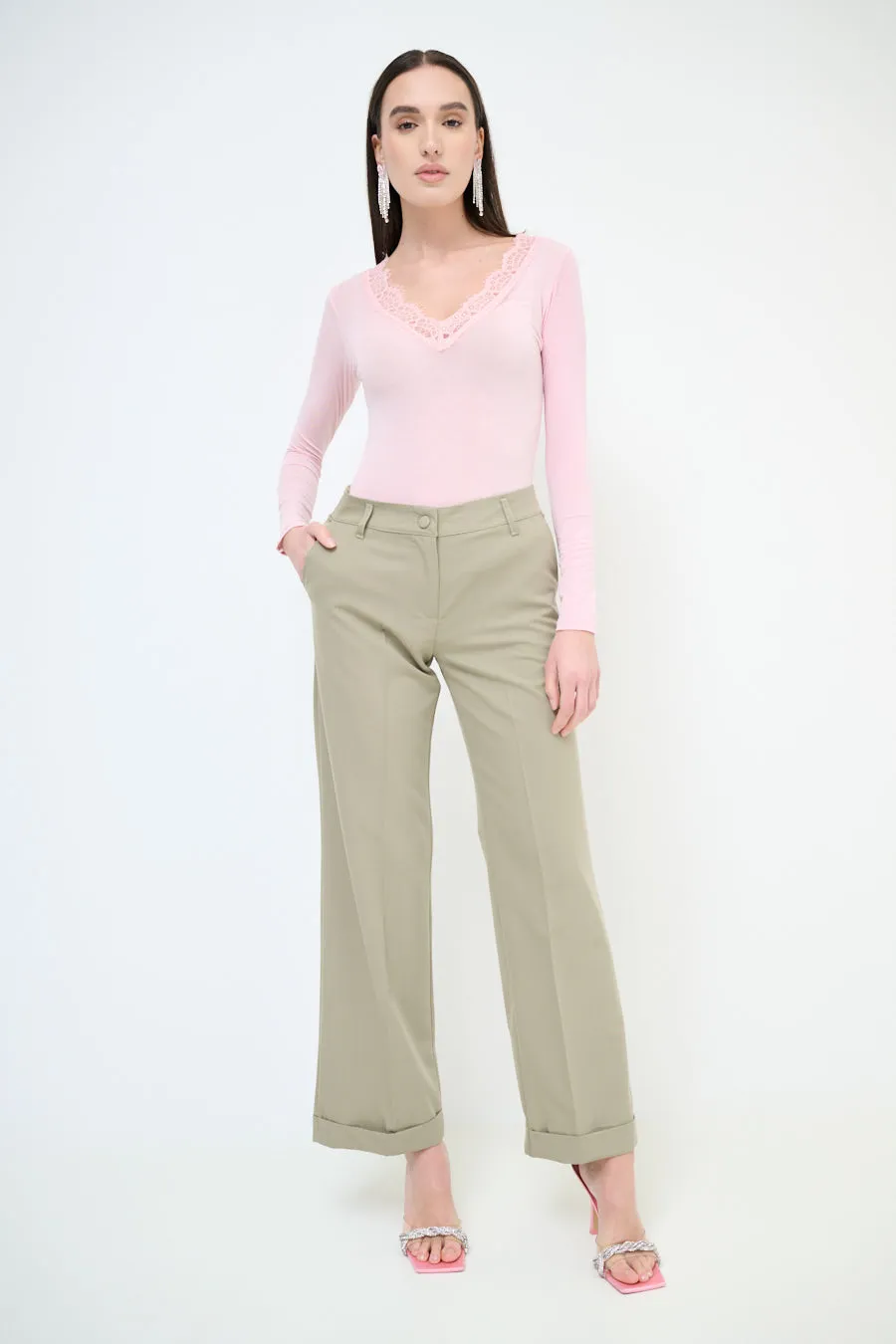 High-waisted wide leg cuffed trousers wholesale