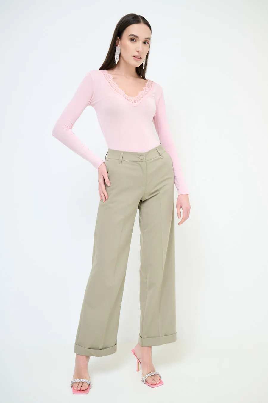 High-waisted wide leg cuffed trousers wholesale