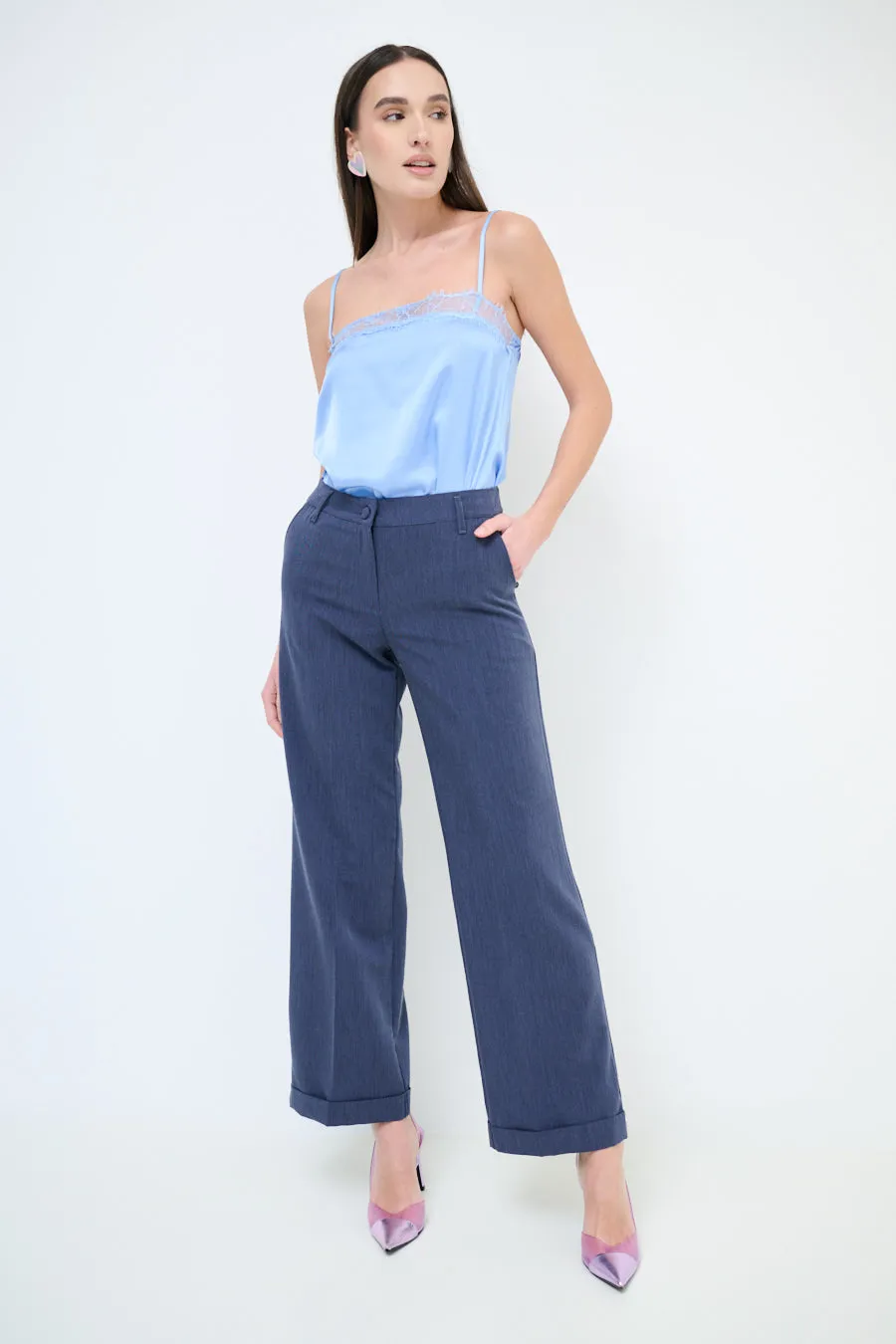 High-waisted wide leg cuffed trousers wholesale