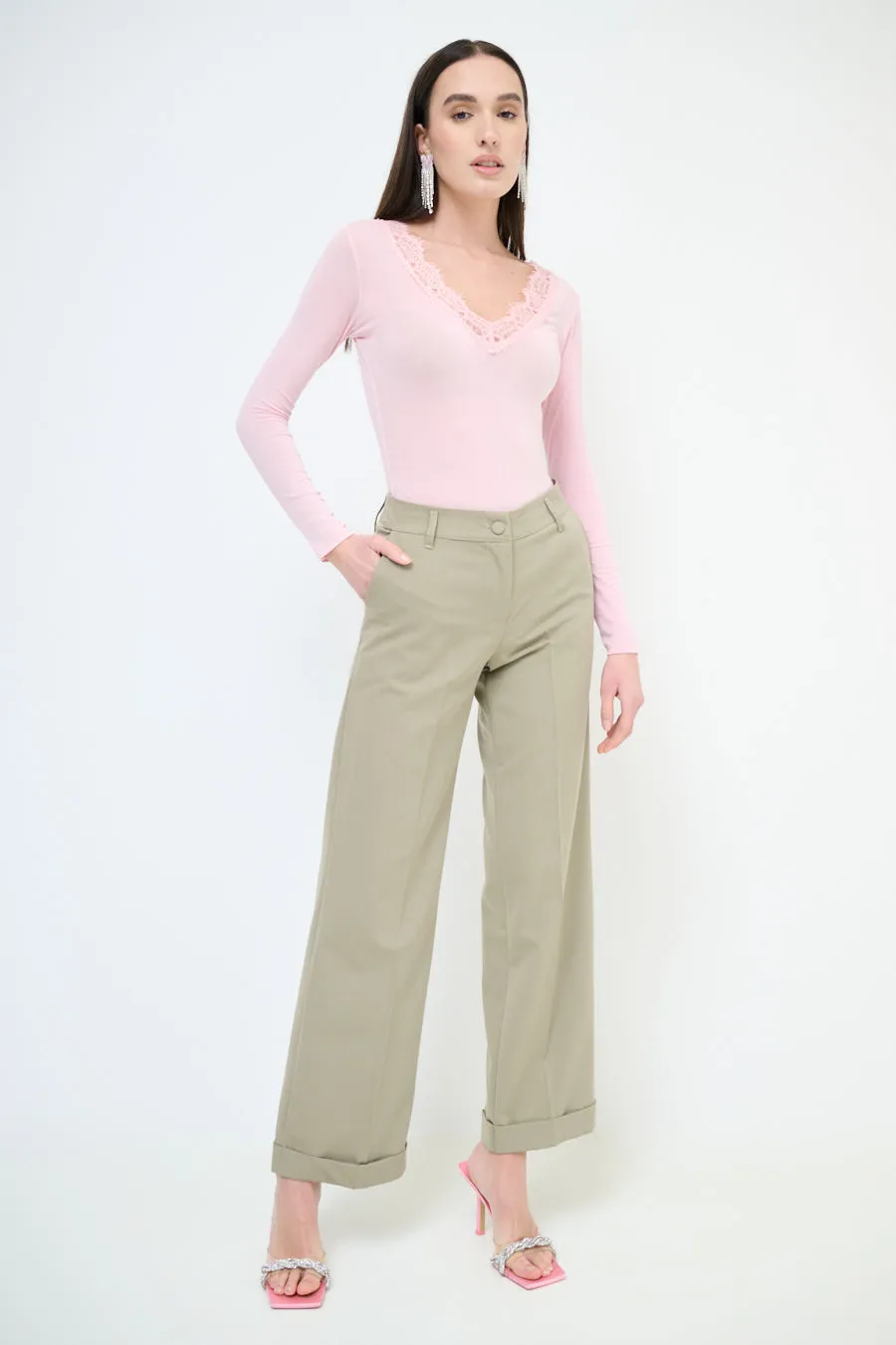 High-waisted wide leg cuffed trousers wholesale