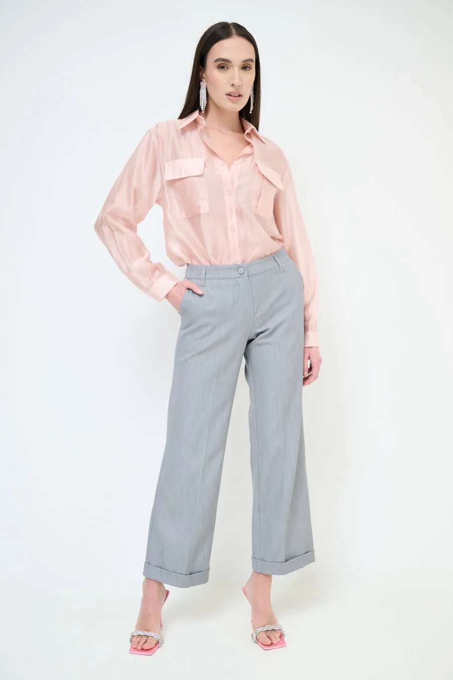 High-waisted wide leg cuffed trousers wholesale