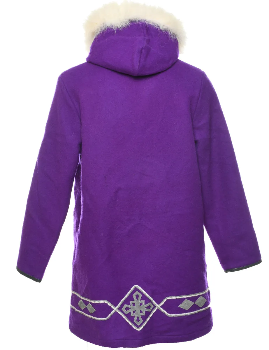 Hooded Purple Wool Coat - L