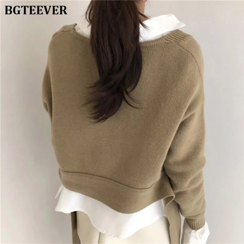 Joskaa 2024 New Irregular Women Sweater V-neck Lace Up Female Knitted Pullovers Long Sleeve Sweater Autumn Winter Knitted Jumpers