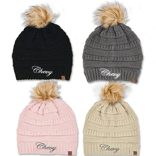 Ladies Chevy Script Knit Beanie w/ Pom