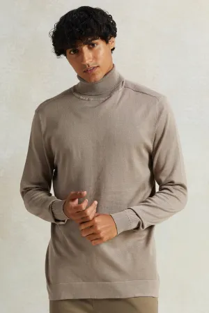 Men Beige Solid High-Neck Pullover