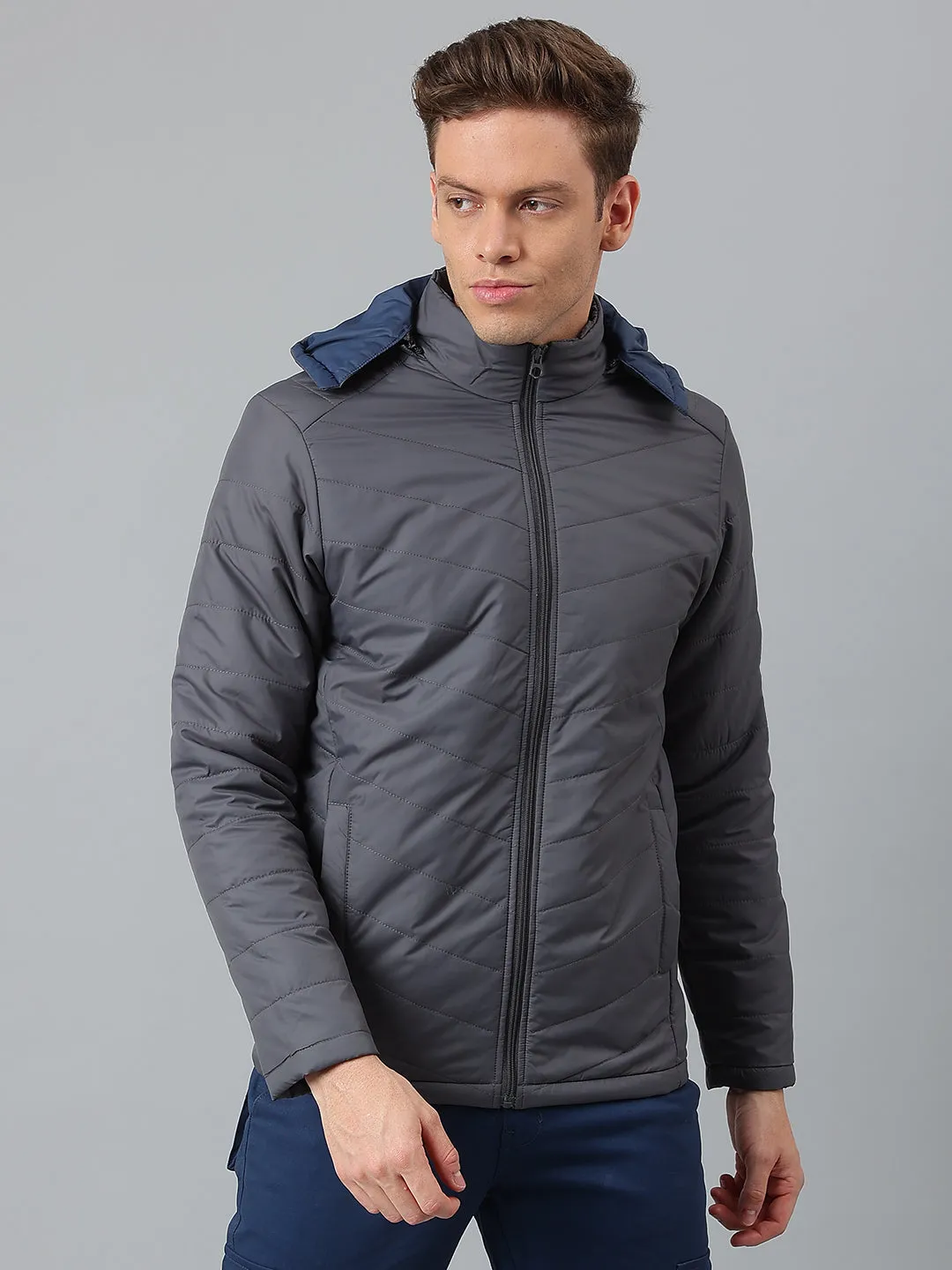 Men's Dark Grey Regular Fit Hooded Winterwear Puffer Jackets