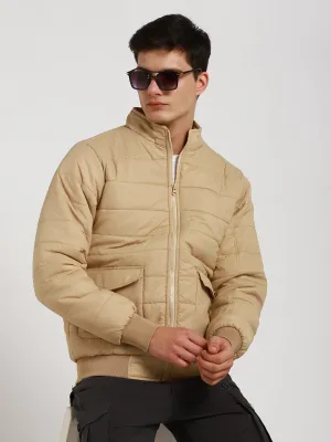 Men's High Neck Regular Fit Solid Quilted Beige Jackets