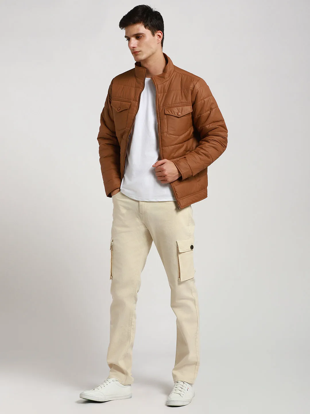 Men's High Neck Regular Fit Solid With Patch Pocket Khaki Jackets