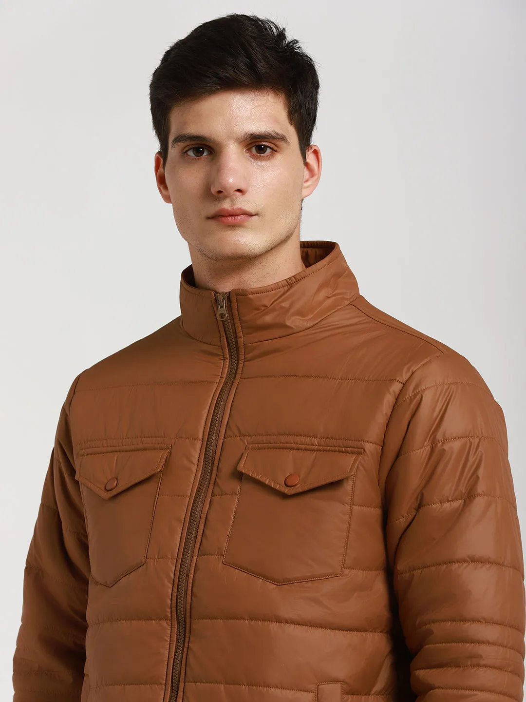 Men's High Neck Regular Fit Solid With Patch Pocket Khaki Jackets