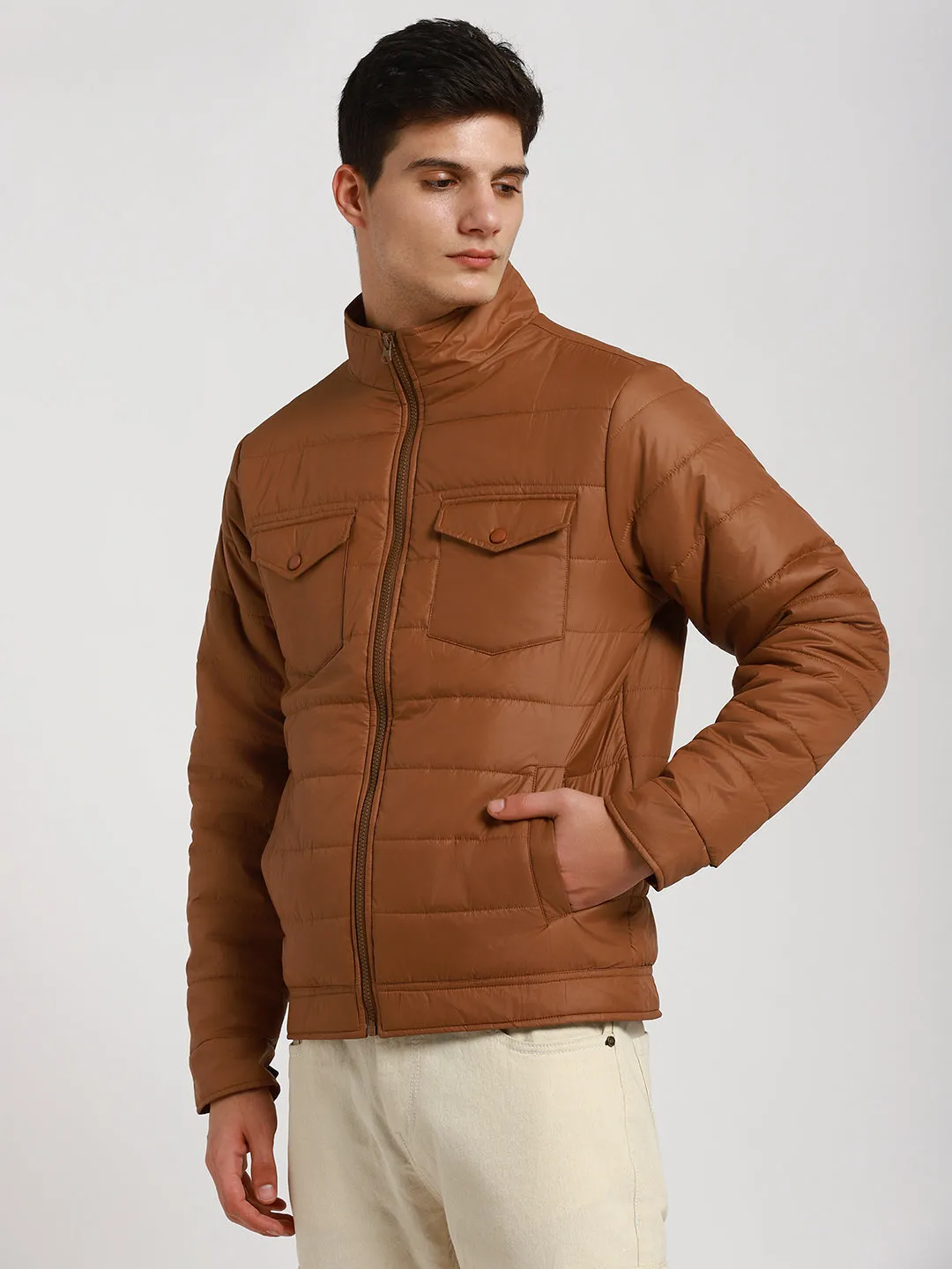 Men's High Neck Regular Fit Solid With Patch Pocket Khaki Jackets