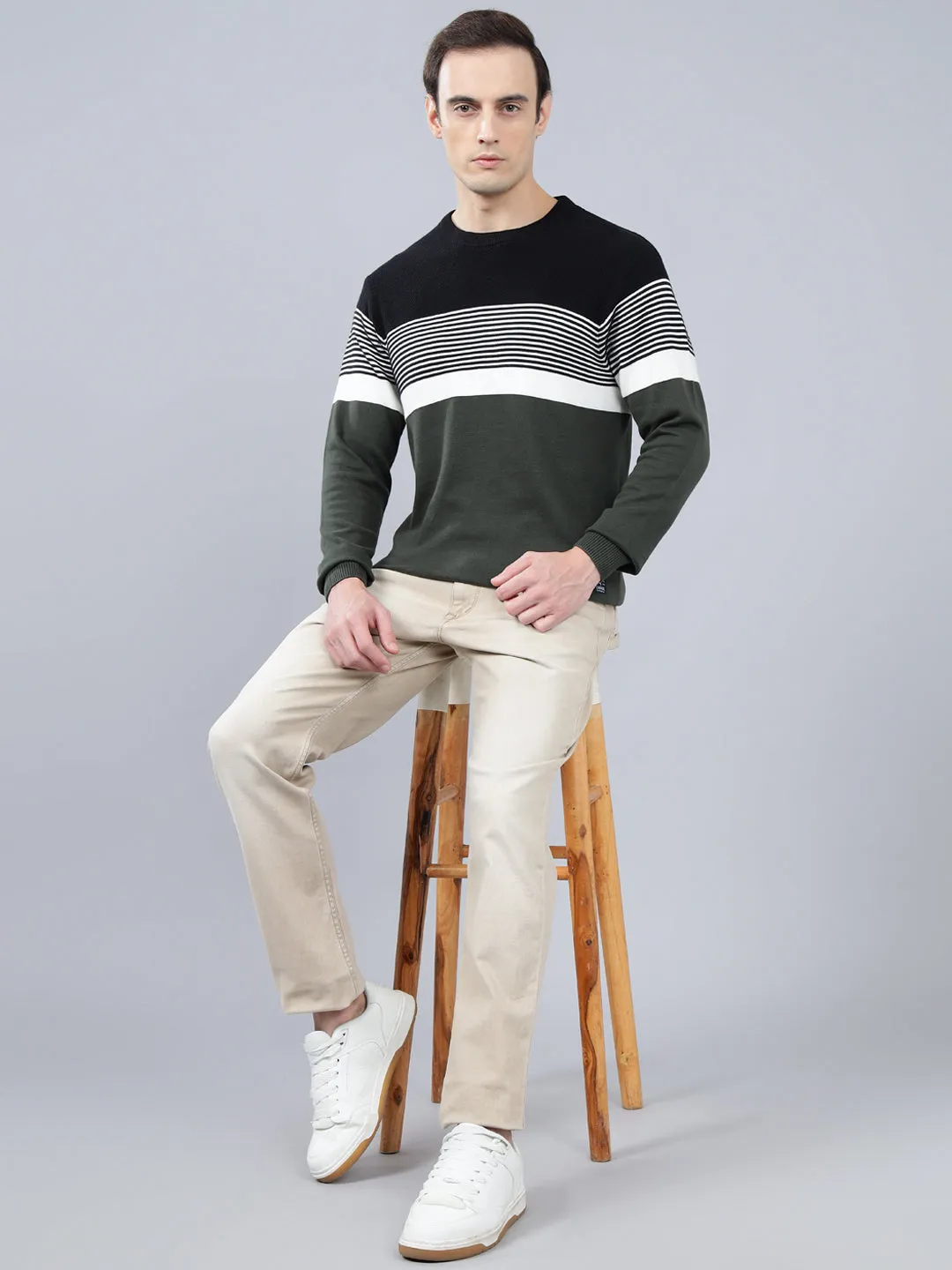 Men's Olive Green Striped Full Sleeve Sweater