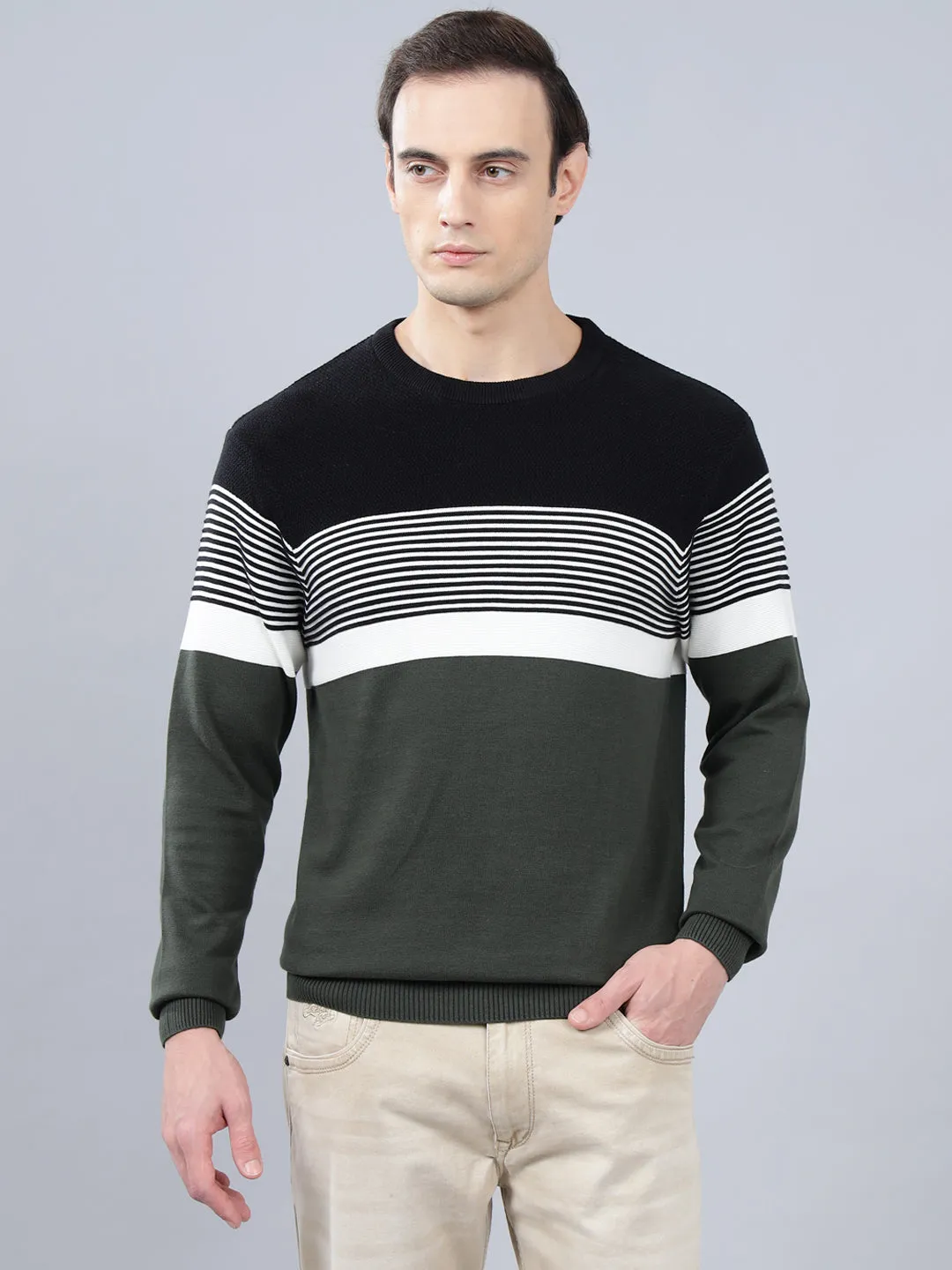 Men's Olive Green Striped Full Sleeve Sweater