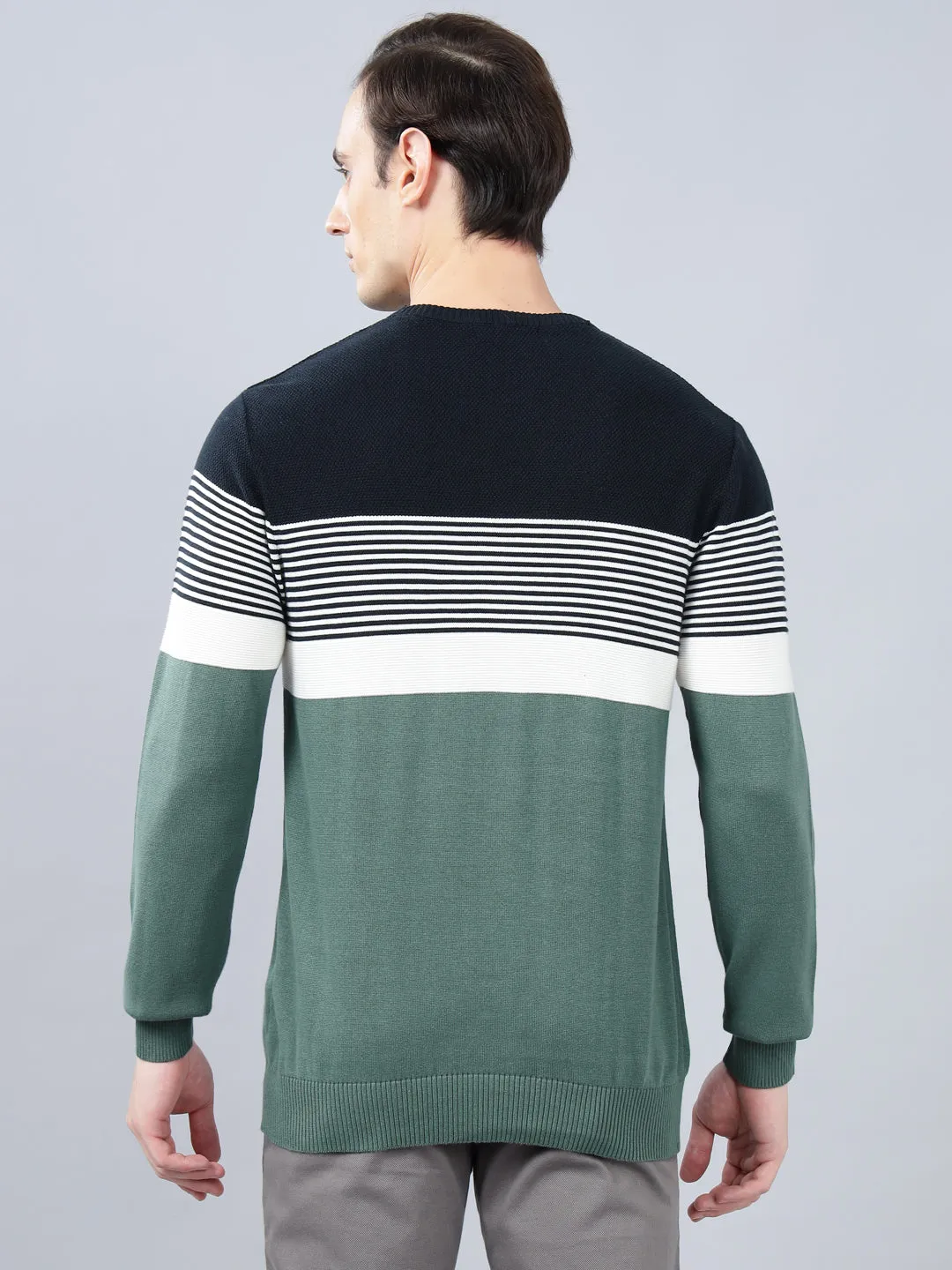 Men's Teal Striped Full Sleeve Sweater