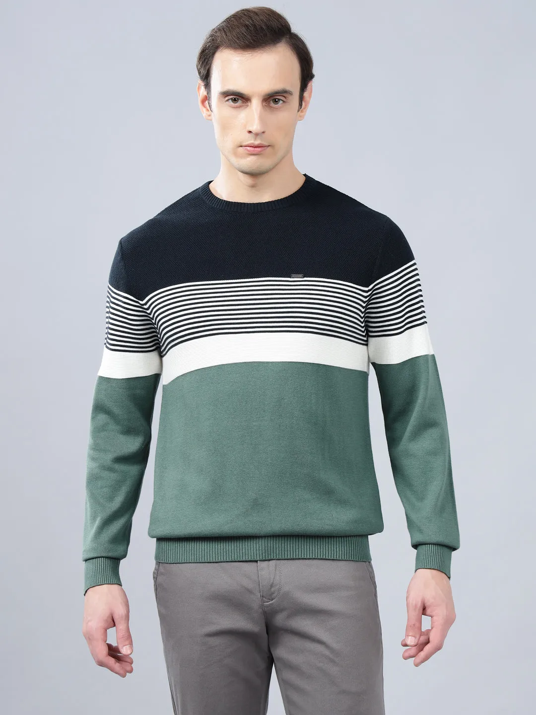 Men's Teal Striped Full Sleeve Sweater