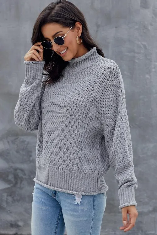 New Gray Chunky Batwing Long Sleeve Turtleneck Sweater